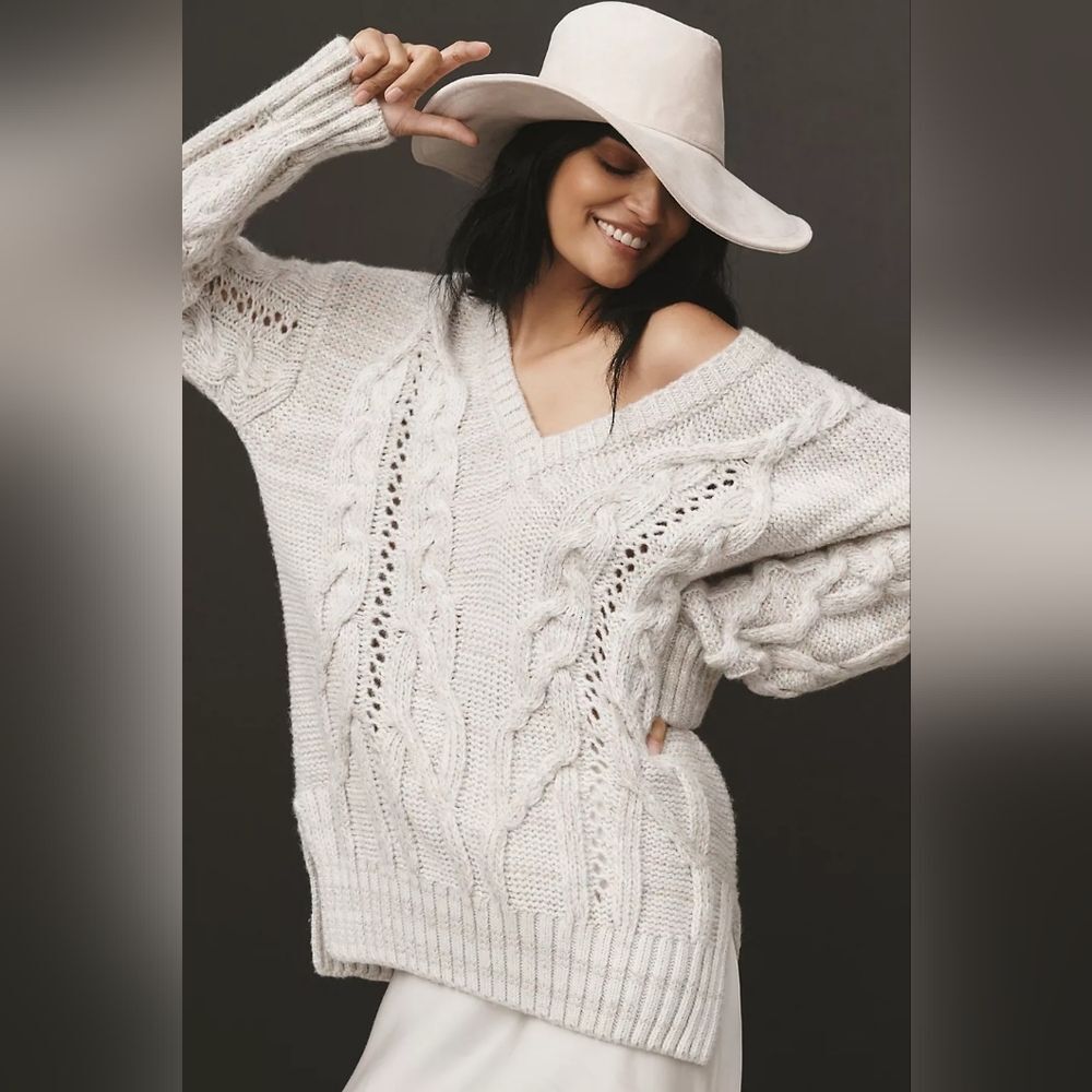Anthropologie Cream Cable-Knit V-Neck Sweater